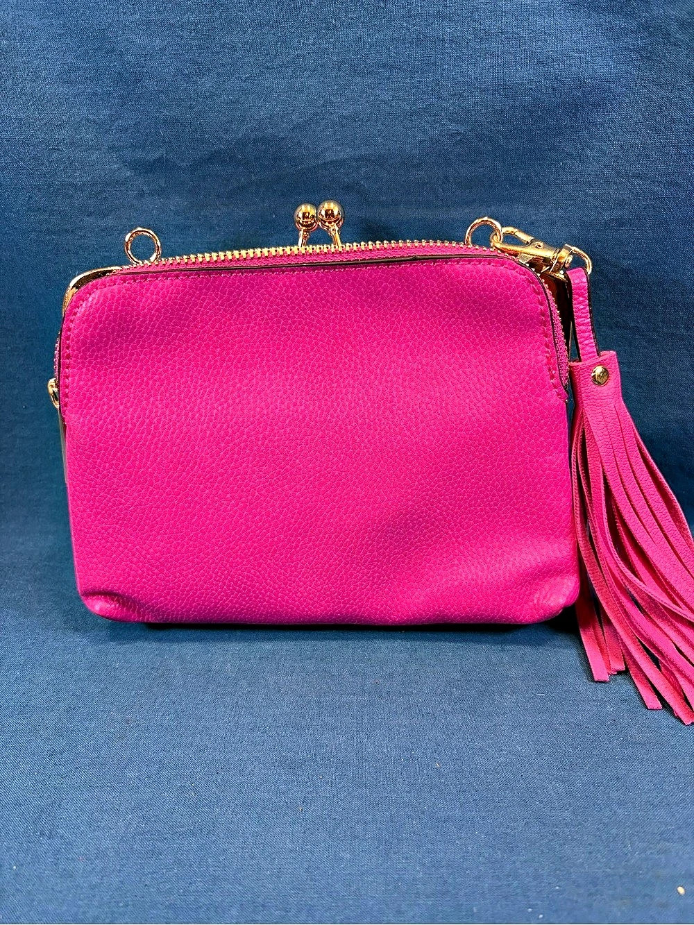Pink Fringe Crossbody Bag with animal print interior Like New